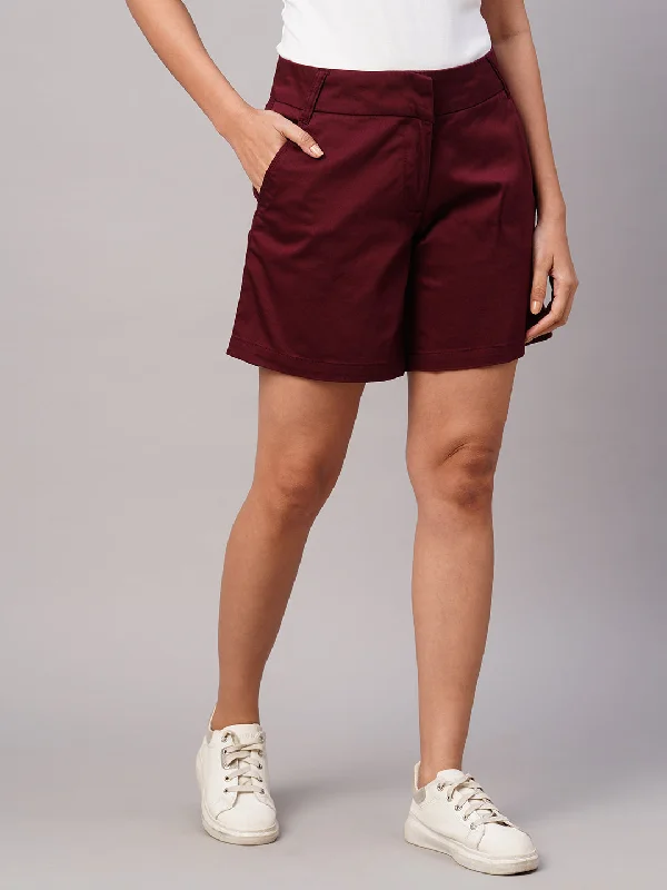 Women's Maroon/Red Cotton Lycra Regular Fit Shorts