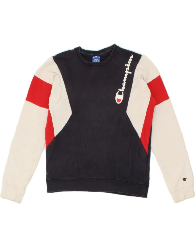 CHAMPION Mens Graphic Sweatshirt Jumper Small Navy Blue Colourblock Cotton