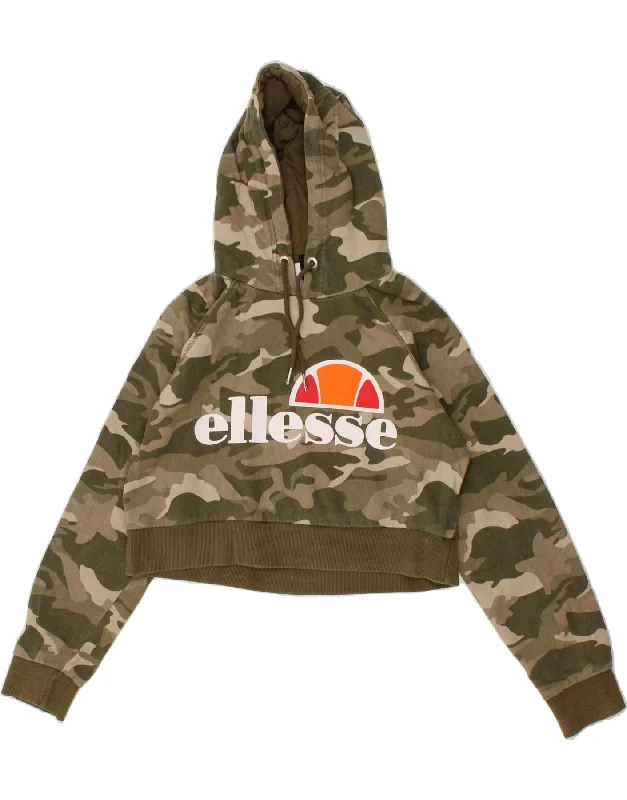 ELLESSE Womens Crop Graphic Hoodie Jumper UK 10 Small Khaki Camouflage