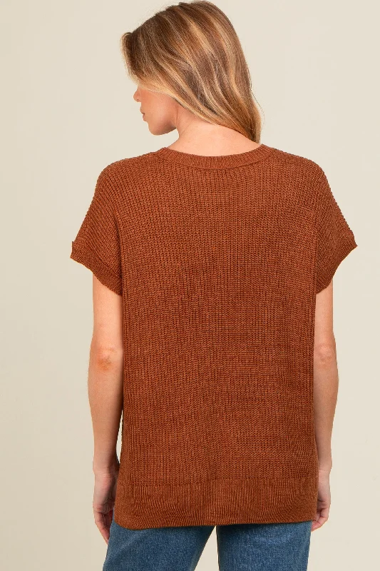 Brown Dolman Short Sleeve Side Slit Maternity Sweater Top