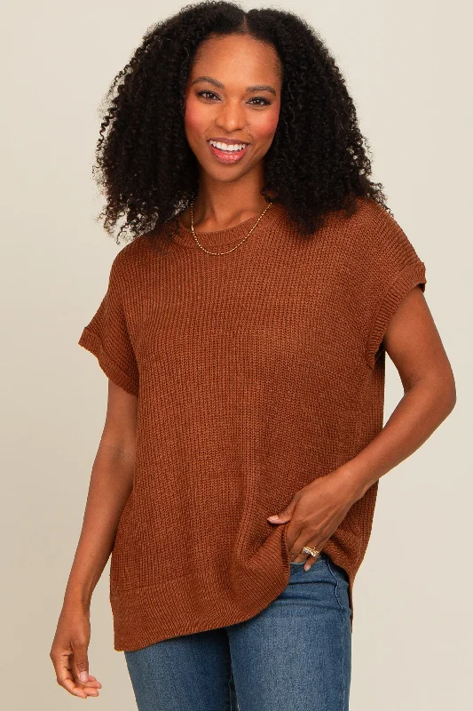 Brown Dolman Short Sleeve Side Slit Maternity Sweater Top