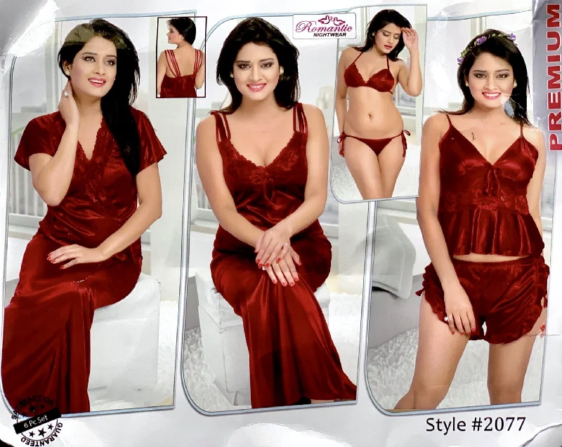 Romantic Nightwear - 6Pcs Bridal Nighty Sets - 2077 - Long Nighty with Gown, Cami Set & Sexy Bikini Set Ruched top bikini, Trendy, Sexy, Comfortable
