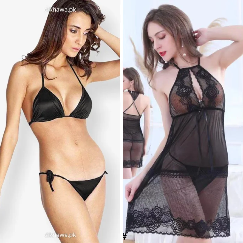 Set Of 2 - Juliet Romantic Short Night & Sexy Bikini Set - Black Sheer bikini, Sexy, Chic, Fashionable