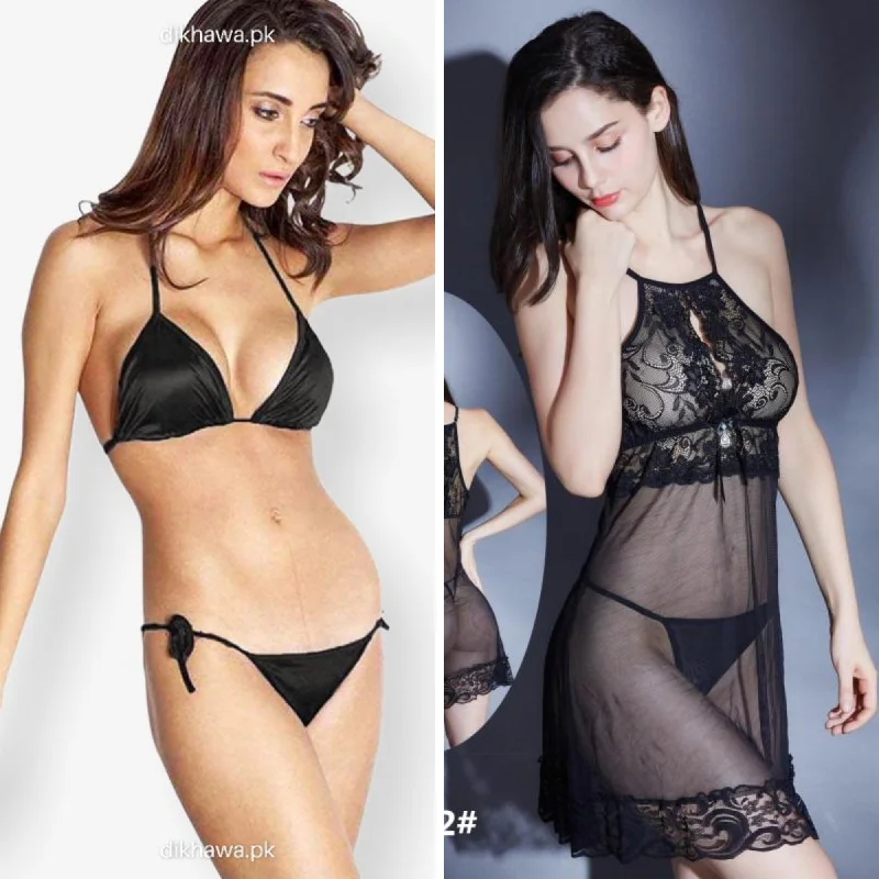 Set Of 2 - See Through Romantic Short Night & Sexy Bikini Set - Black Ruched top bikini, Trendy, Comfortable, Sexy