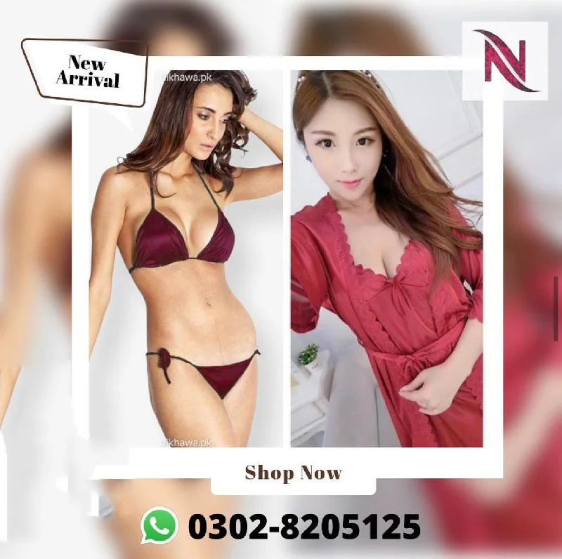 Set Of 3 - 2 Pcs Satin Short Night & Sexy Bikini Set - Maroon Scoop neck bikini, Comfortable, Sexy, Trendy