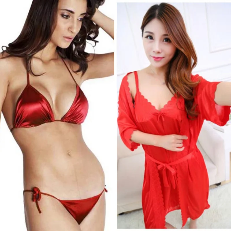 Set Of 3 - 2 Pcs Satin Short Night & Sexy Bikini Set - Red Sheer lace bikini, Sexy, Elegant, Trendy