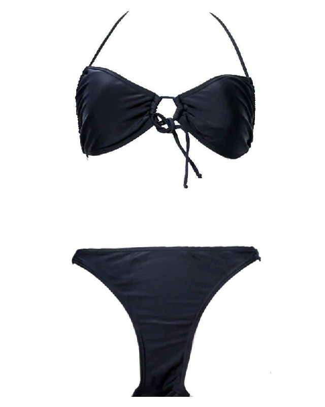 Sexy Black Bikini Set Single Padded - Fancy Bra Panty Set Scalloped bikini bottom, Feminine, Chic, Trendy