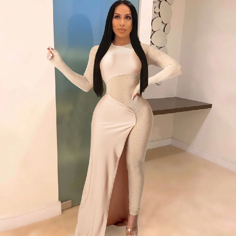 Asymmetrical Sheer Mesh Panel Crew Neck Long Sleeve Rhinestone Jumpsuit Pleated wide-leg jumpsuit, Feminine, Elegant, Comfortable Asymmetrical Sheer Mesh Panel Crew Neck Long Sleeve Rhinestone Jumpsuit Pleated wide-leg jumpsuit, Feminine, Elegant, Comfortable