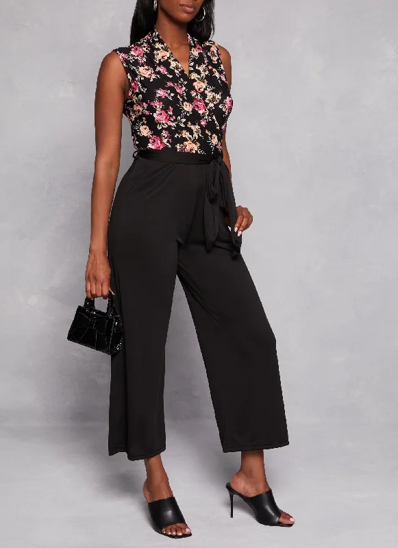 Printed Faux Wrap Tie Waist Jumpsuit Denim jumpsuit, Casual, Street style, Comfortable Printed Faux Wrap Tie Waist Jumpsuit Denim jumpsuit, Casual, Street style, Comfortable