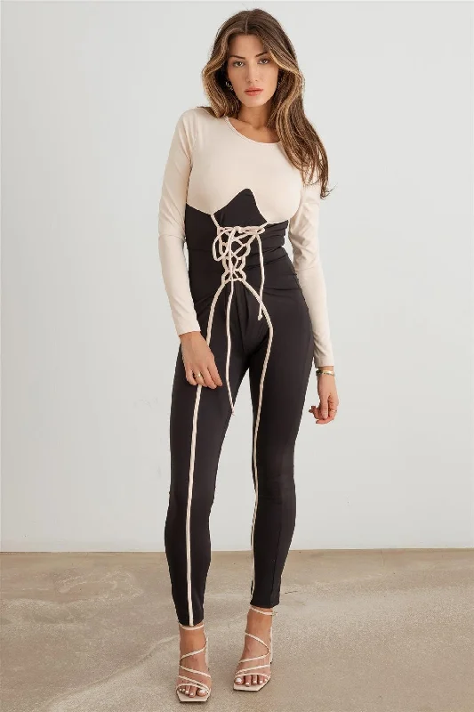 Contrast Stitch Lace-Up Long Sleeve Jumpsuit /3-2-1 Button-front jumpsuit, Casual, Street style, Comfortable Contrast Stitch Lace-Up Long Sleeve Jumpsuit /3-2-1 Button-front jumpsuit, Casual, Street style, Comfortable