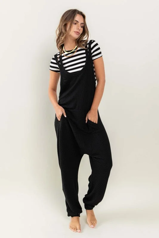 BLACK TEXTURED W/KANGAROO POCKET HAREM KNIT JUMPSUIT CFBC61527SA Wrap jumpsuit, Flattering fit, Stylish, Elegant BLACK TEXTURED W/KANGAROO POCKET HAREM KNIT JUMPSUIT CFBC61527SA Wrap jumpsuit, Flattering fit, Stylish, Elegant
