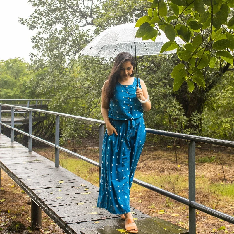 Blue Bandhani Jumpsuit Black denim jumpsuit, Casual chic, Street style, Trendy
