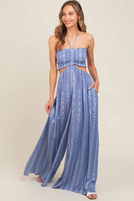 Blue Striped Cutout Halter Wide Leg Jumpsuit Bohemian style jumpsuit, Loose fit, Casual, Trendy Blue Striped Cutout Halter Wide Leg Jumpsuit Bohemian style jumpsuit, Loose fit, Casual, Trendy