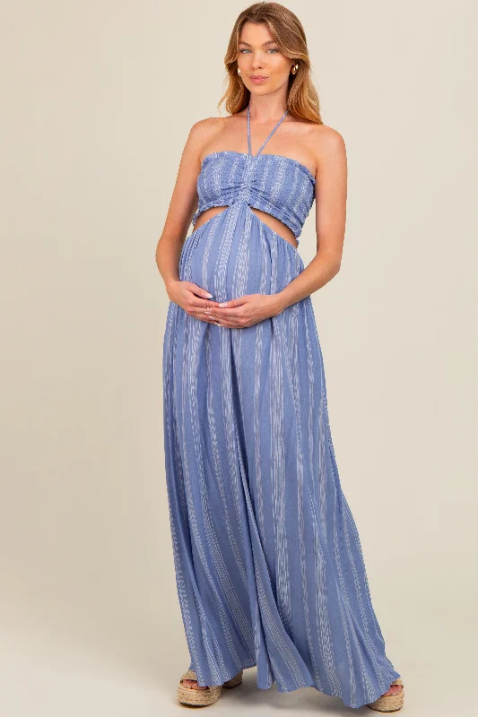 Blue Striped Cutout Halter Wide Leg Maternity Jumpsuit Bold color jumpsuit, Vibrant, Trendy, Fashionable Blue Striped Cutout Halter Wide Leg Maternity Jumpsuit Bold color jumpsuit, Vibrant, Trendy, Fashionable
