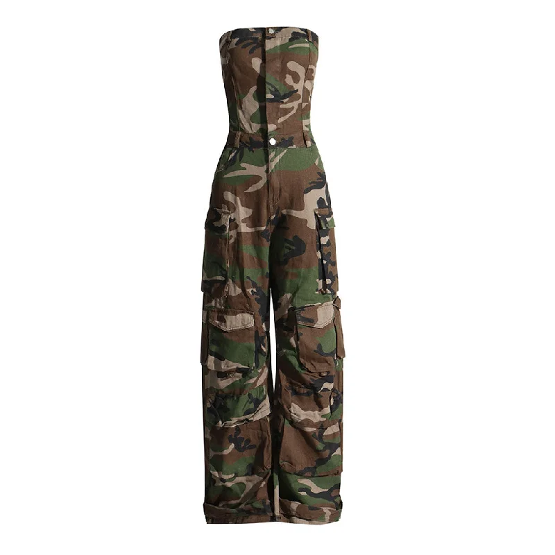 Camouflage Print Button Front Cargo Pocket Strapless Wide Leg Denim Jumpsuit Wide leg jumpsuit, Summer vibes, Relaxed fit, Casual Camouflage Print Button Front Cargo Pocket Strapless Wide Leg Denim Jumpsuit Wide leg jumpsuit, Summer vibes, Relaxed fit, Casual
