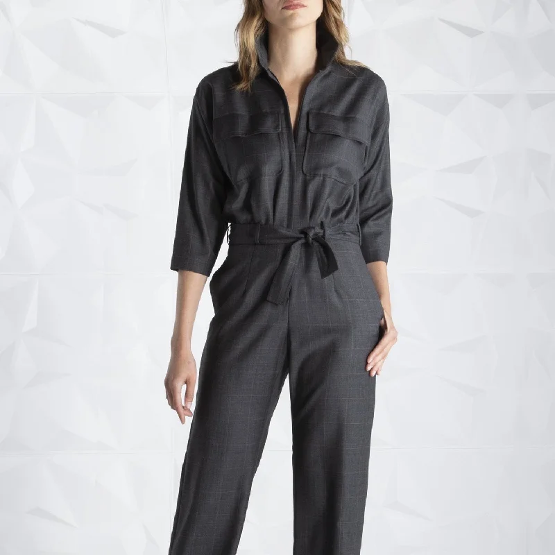 Dark Grey Plaid Jumpsuit Long sleeve jumpsuit, Fall fashion, Comfortable, Trendy