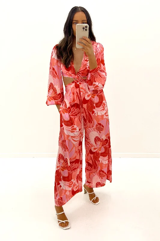Clarice Jumpsuit Red Multi Ruffle hem jumpsuit, Feminine, Trendy, Casual