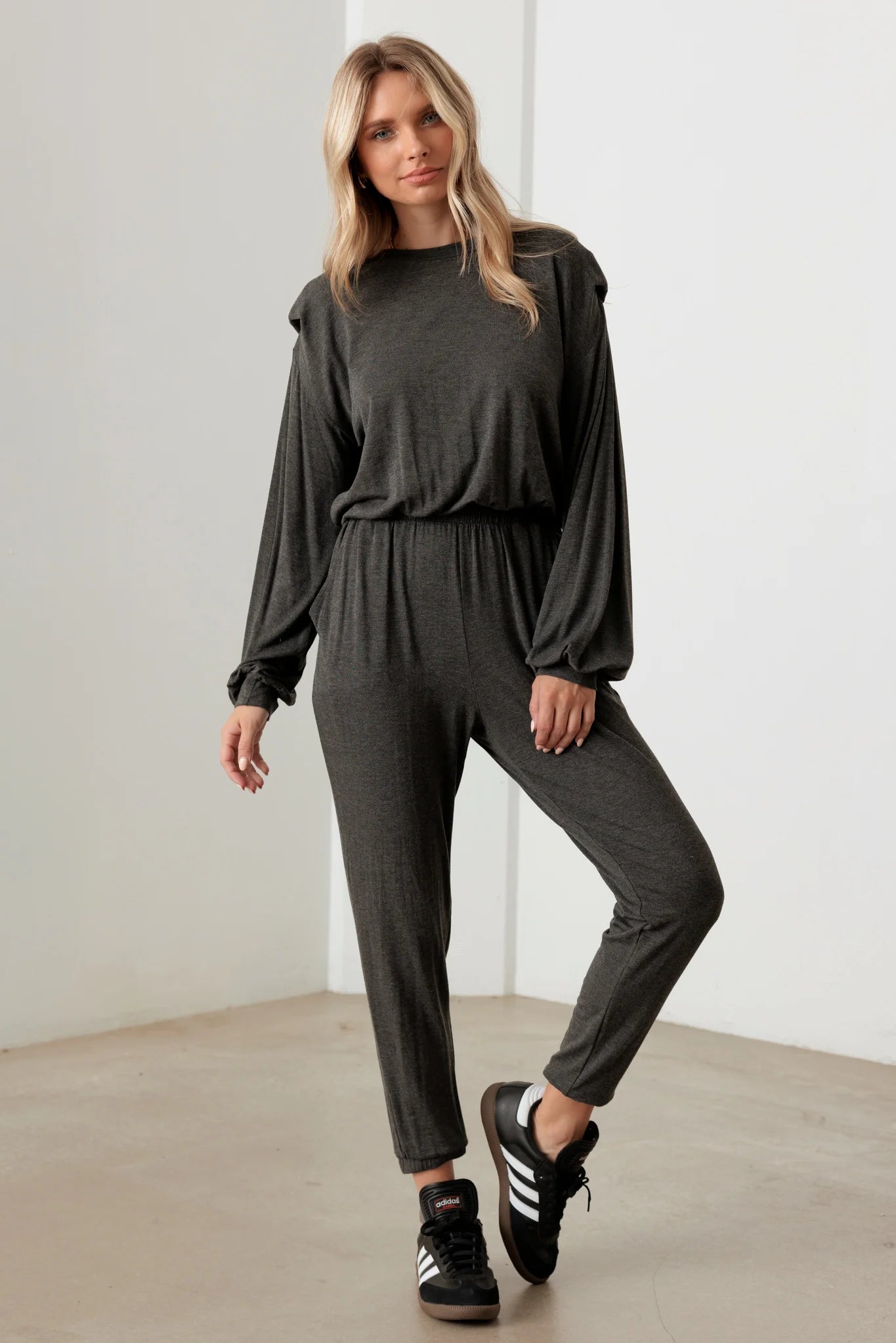 Long Sleeve Shoulder Pad Elastic Waist Jumpsuit Faux leather jumpsuit, Trendy, Street style, Fashionable Long Sleeve Shoulder Pad Elastic Waist Jumpsuit Faux leather jumpsuit, Trendy, Street style, Fashionable