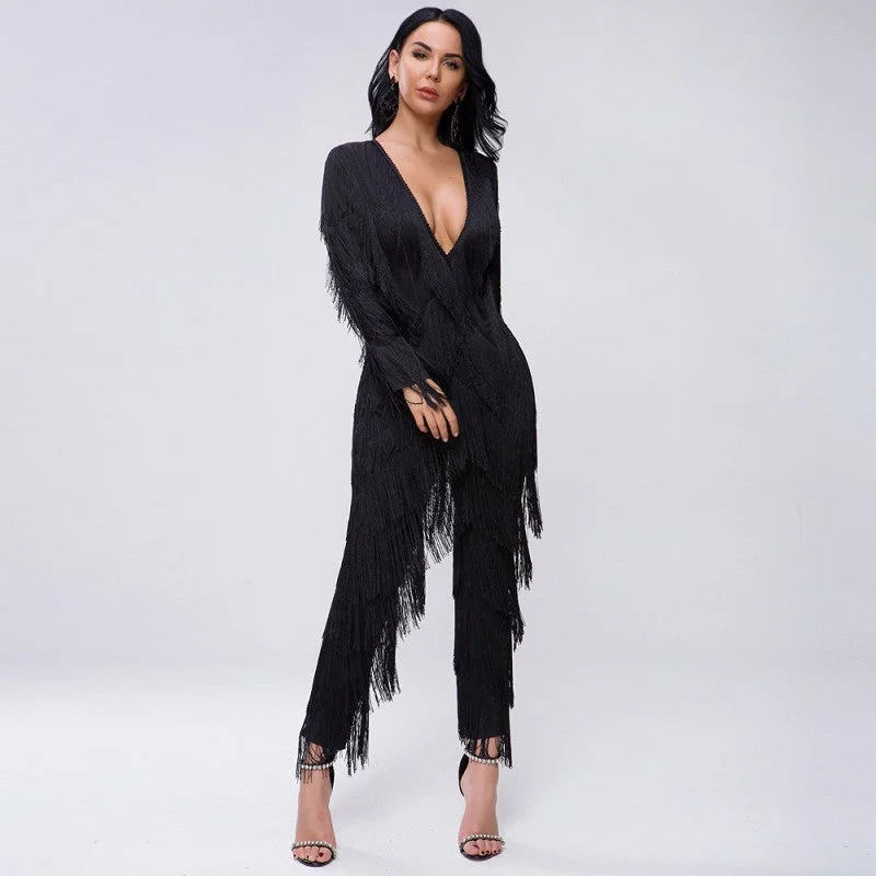 sd-hk Dark V Neck long Sleeve Jumpsuit With Tassels Off-shoulder wide-leg jumpsuit, Elegant, Fashionable, Stylish sd-hk Dark V Neck long Sleeve Jumpsuit With Tassels Off-shoulder wide-leg jumpsuit, Elegant, Fashionable, Stylish