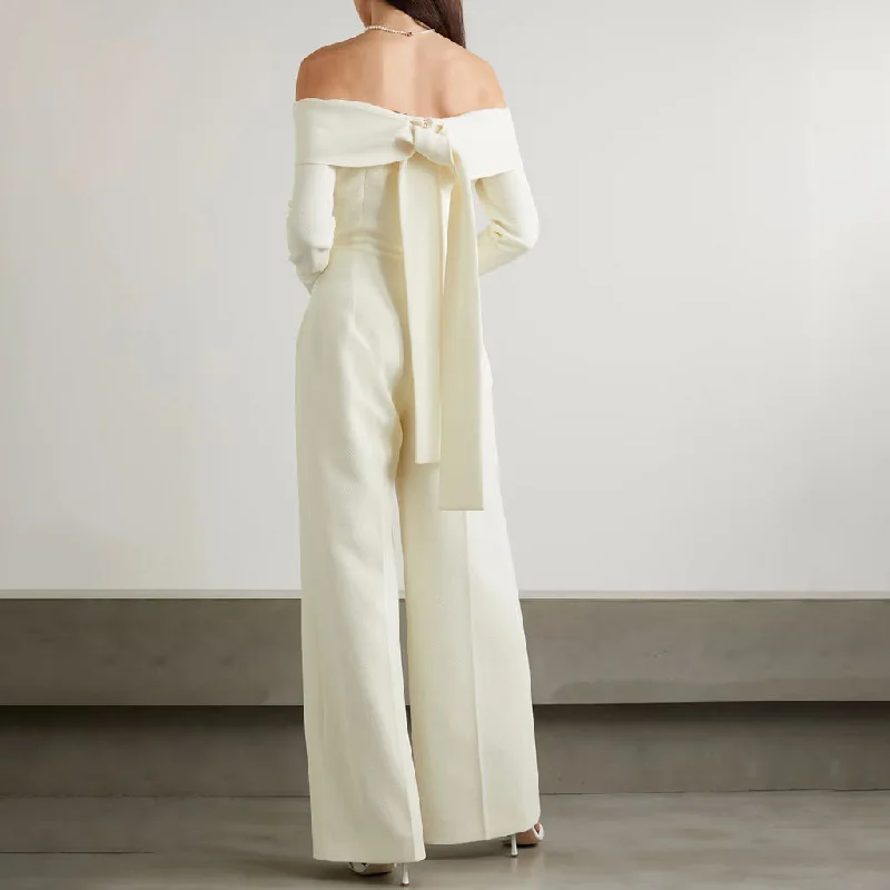 Elegant Folded Off Shoulder Bow Tie Back Long Sleeve Wide Leg Crepe Jumpsuit Jumpsuit for work, Professional wear, Business casual, Stylish Elegant Folded Off Shoulder Bow Tie Back Long Sleeve Wide Leg Crepe Jumpsuit Jumpsuit for work, Professional wear, Business casual, Stylish