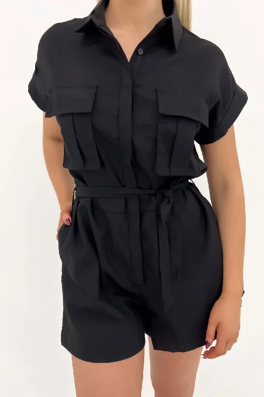 Ema Playsuit Black Jumpsuit with belt, Slim fit, Comfortable, Elegant