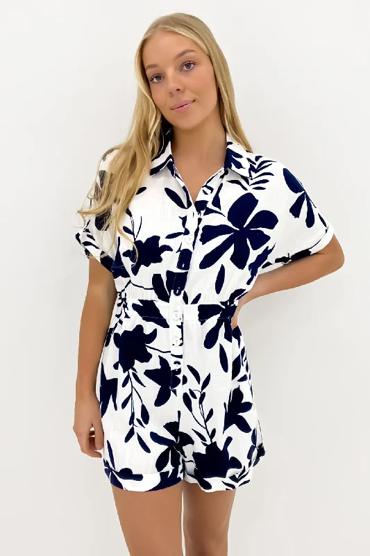 Estelle Playsuit White Navy Light fabric jumpsuit, Casual, Comfortable, Summer wear