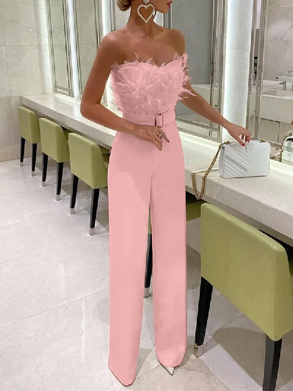 Feather Detailed Tube Top Jumpsuit Elegant jumpsuit, Chic, Comfortable, Fashionable