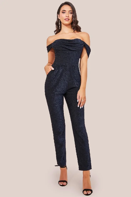 Goddiva Lurex Cowl Neck Jumpsuit - Navy Layered jumpsuit, Fashionable, Trendy, Chic