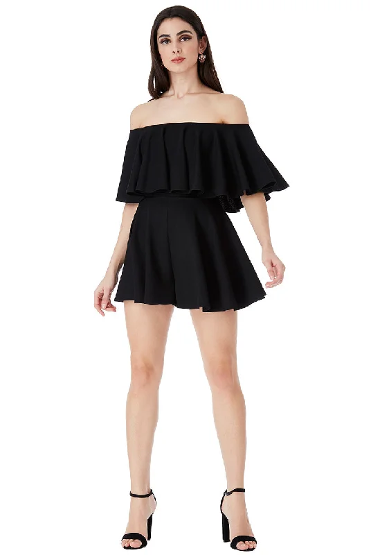 Goddiva Off The Shoulder Frill Neck Skater Playsuit - Black Back tie jumpsuit, Elegant, Feminine, Comfortable Goddiva Off The Shoulder Frill Neck Skater Playsuit - Black Back tie jumpsuit, Elegant, Feminine, Comfortable