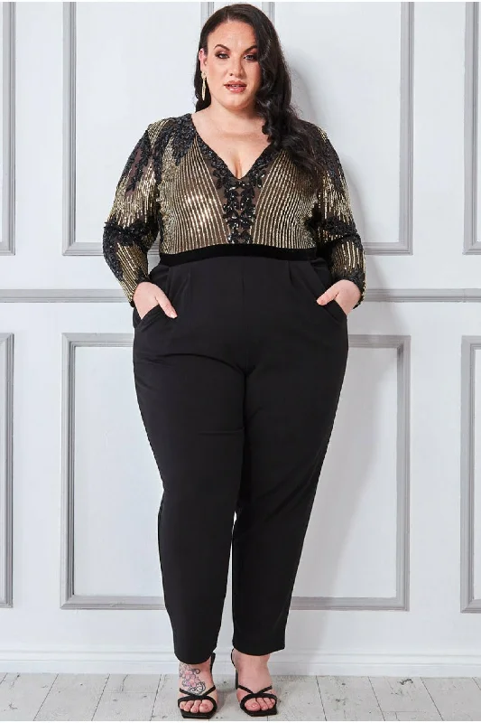 Goddiva Plus Sequin & Mesh Jumpsuit - Black Boho jumpsuit, Loose fit, Comfortable, Stylish Goddiva Plus Sequin & Mesh Jumpsuit - Black Boho jumpsuit, Loose fit, Comfortable, Stylish