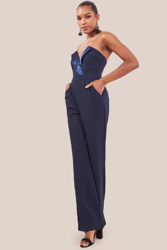 Goddiva Satin Collar Scuba Jumpsuit - Navy Off-shoulder jumpsuit, Sexy, Elegant, Party wear Goddiva Satin Collar Scuba Jumpsuit - Navy Off-shoulder jumpsuit, Sexy, Elegant, Party wear