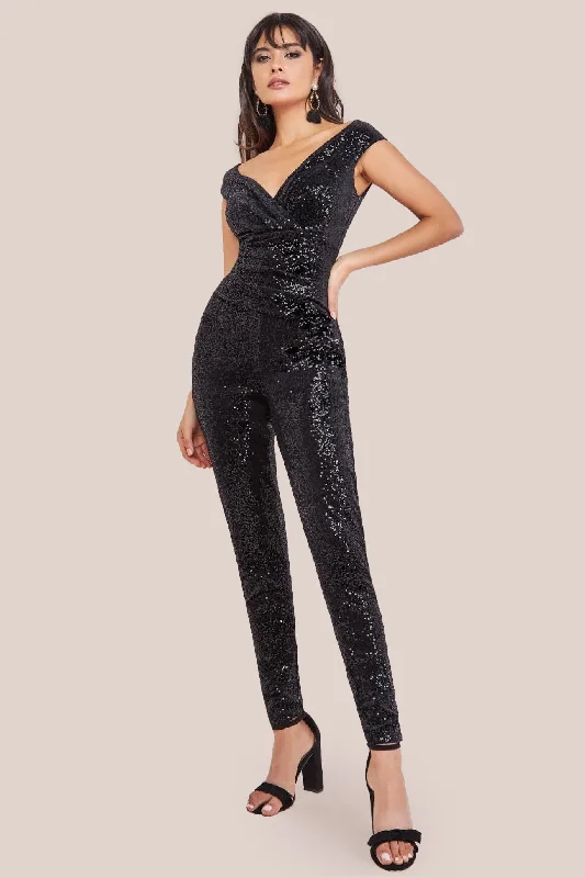 Goddiva Sequin Velvet Bardot Jumpsuit - Black Deep V jumpsuit, Sexy, Elegant, Fashionable Goddiva Sequin Velvet Bardot Jumpsuit - Black Deep V jumpsuit, Sexy, Elegant, Fashionable