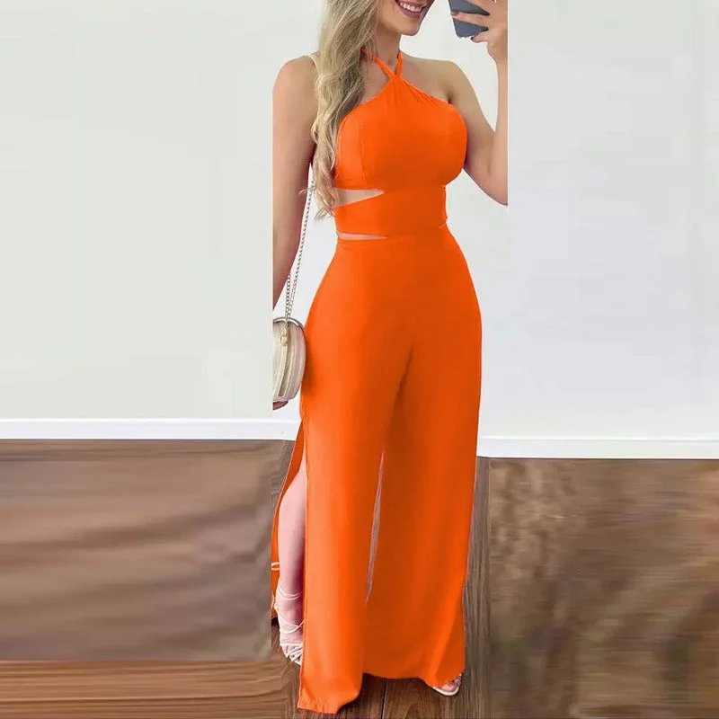 Hollowed Out Halter Neck Slim Fit Open Back Jumpsuit (Orange/Rose Red) Casual jumpsuit, Comfortable, Street style, Trendy Hollowed Out Halter Neck Slim Fit Open Back Jumpsuit (Orange/Rose Red) Casual jumpsuit, Comfortable, Street style, Trendy