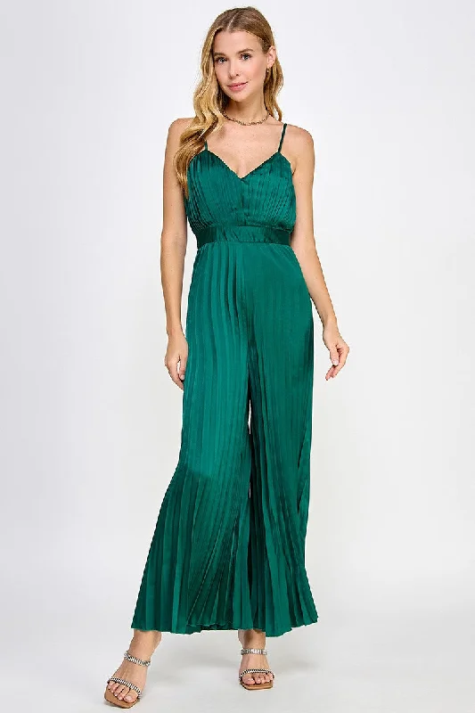 HUNTER GREEN SATIN SPAGHETTI STRAP PLEATED WIDE LEG JUMPSUIT AVJ51891W Fitted jumpsuit, Sleek design, Casual, Stylish