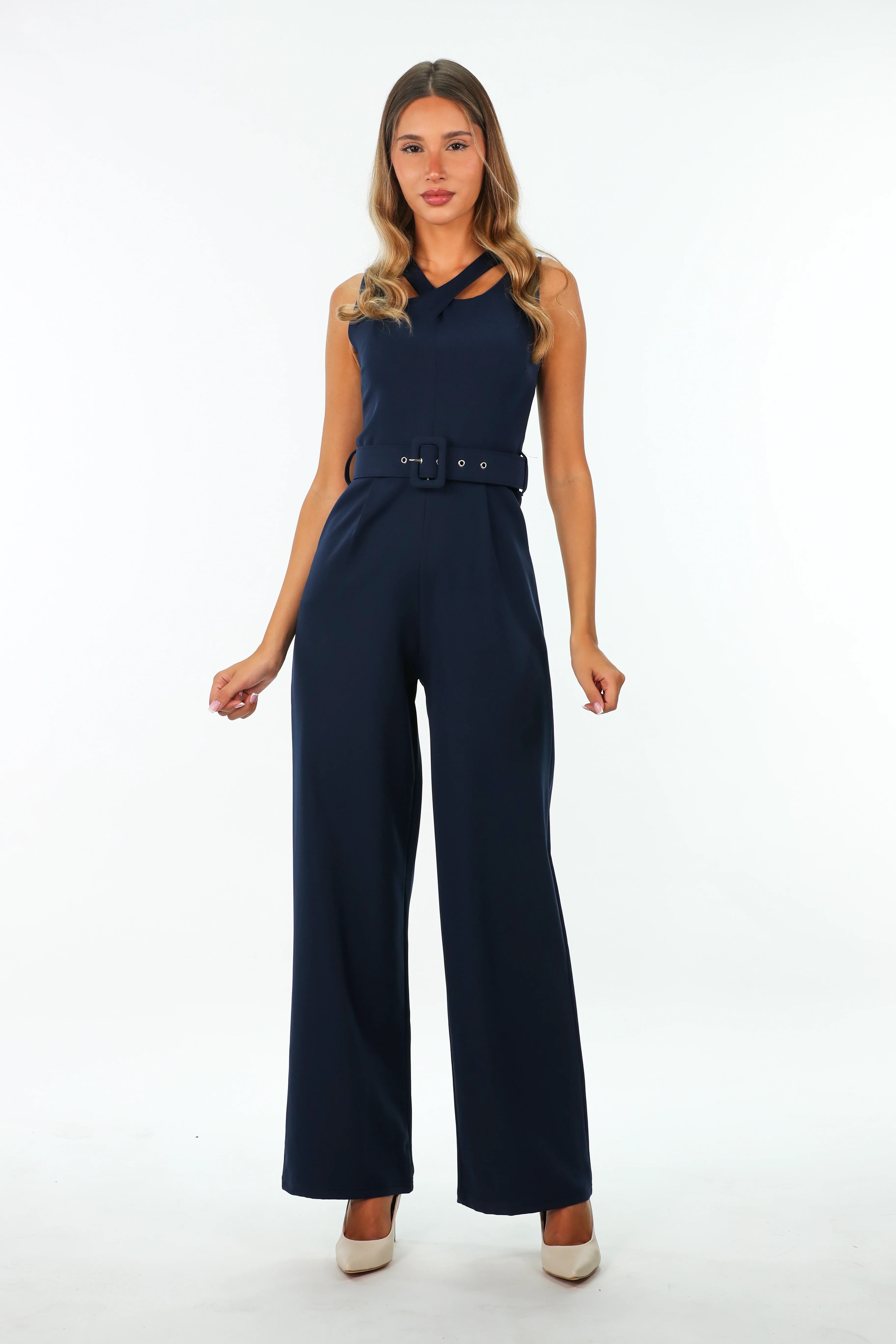 Navy Classy Belted Jumpsuit Tailored jumpsuit, Sleek design, Professional, Elegant
