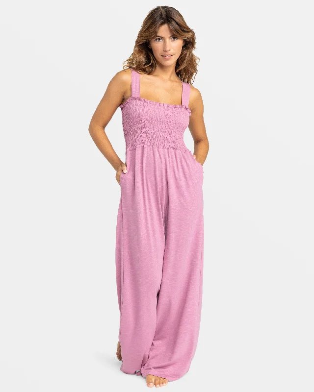 Just Passing By Smocked Jumpsuit - Mauve Orchid Ruffled jumpsuit, Feminine, Trendy, Stylish Just Passing By Smocked Jumpsuit - Mauve Orchid Ruffled jumpsuit, Feminine, Trendy, Stylish
