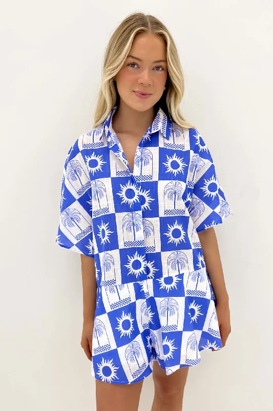Lucia Playsuit White Blue Sun Palm Checkers Casual jumpsuit, Street style, Comfortable, Trendy Lucia Playsuit White Blue Sun Palm Checkers Casual jumpsuit, Street style, Comfortable, Trendy