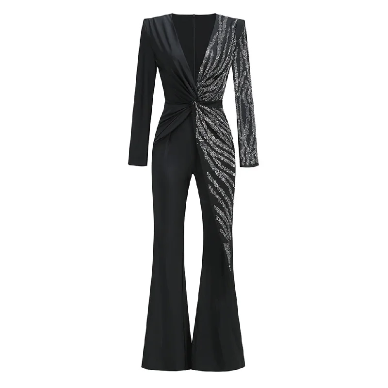 Luxurious Plunge Long Sleeve Twist Waist Flare Leg Rhinestone Jumpsuits Ruffle sleeve jumpsuit, Feminine, Elegant, Chic Luxurious Plunge Long Sleeve Twist Waist Flare Leg Rhinestone Jumpsuits Ruffle sleeve jumpsuit, Feminine, Elegant, Chic