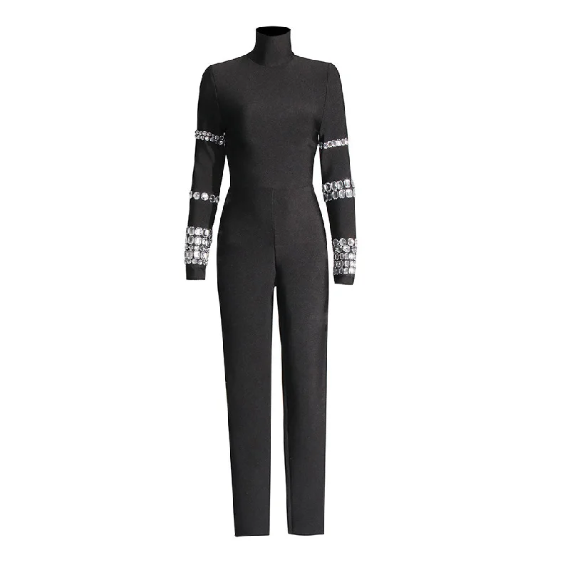 Luxury Rhinestone High Neck Long Sleeve Bodycon Bandage Jumpsuit V-neck jumpsuit, Sexy, Comfortable, Stylish Luxury Rhinestone High Neck Long Sleeve Bodycon Bandage Jumpsuit V-neck jumpsuit, Sexy, Comfortable, Stylish