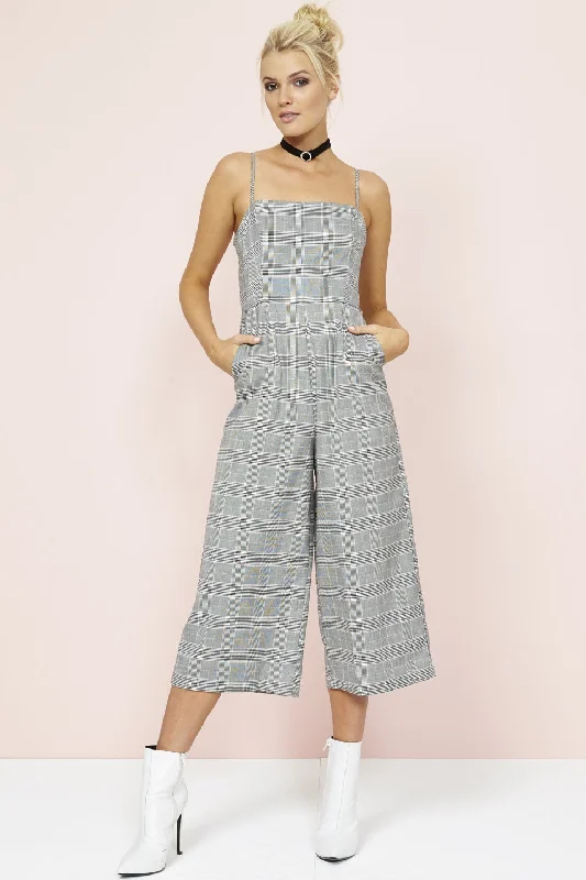 MinkPink POWER TRIP CROPPED CHECK JUMPSUIT - Grey Check Jumpsuit with pockets, Relaxed fit, Casual wear, Stylish MinkPink POWER TRIP CROPPED CHECK JUMPSUIT - Grey Check Jumpsuit with pockets, Relaxed fit, Casual wear, Stylish
