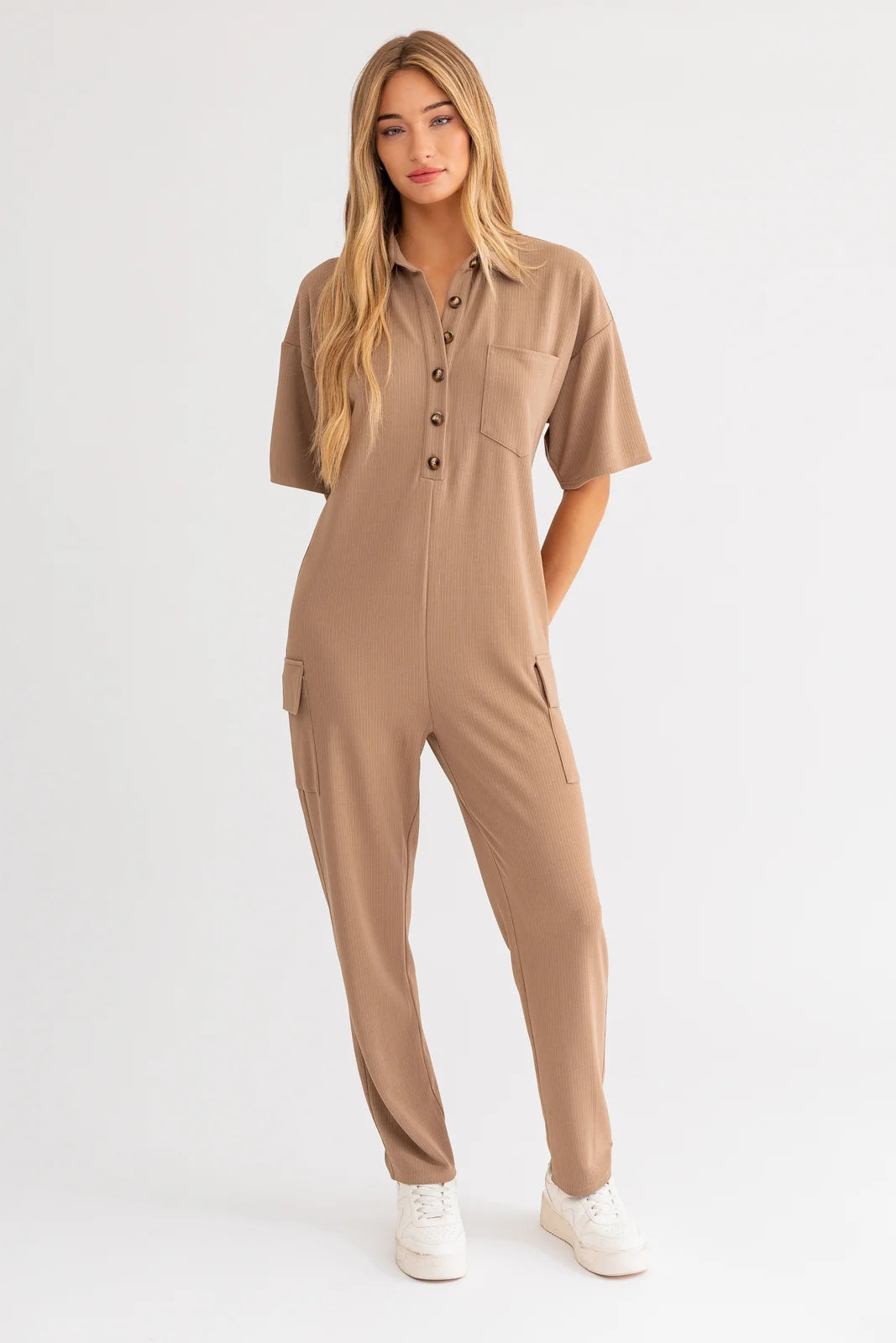 Ribbed Short Sleeve Button Up Cargo Jumpsuit Jumpsuit with pockets, Practical, Comfortable, Casual Ribbed Short Sleeve Button Up Cargo Jumpsuit Jumpsuit with pockets, Practical, Comfortable, Casual