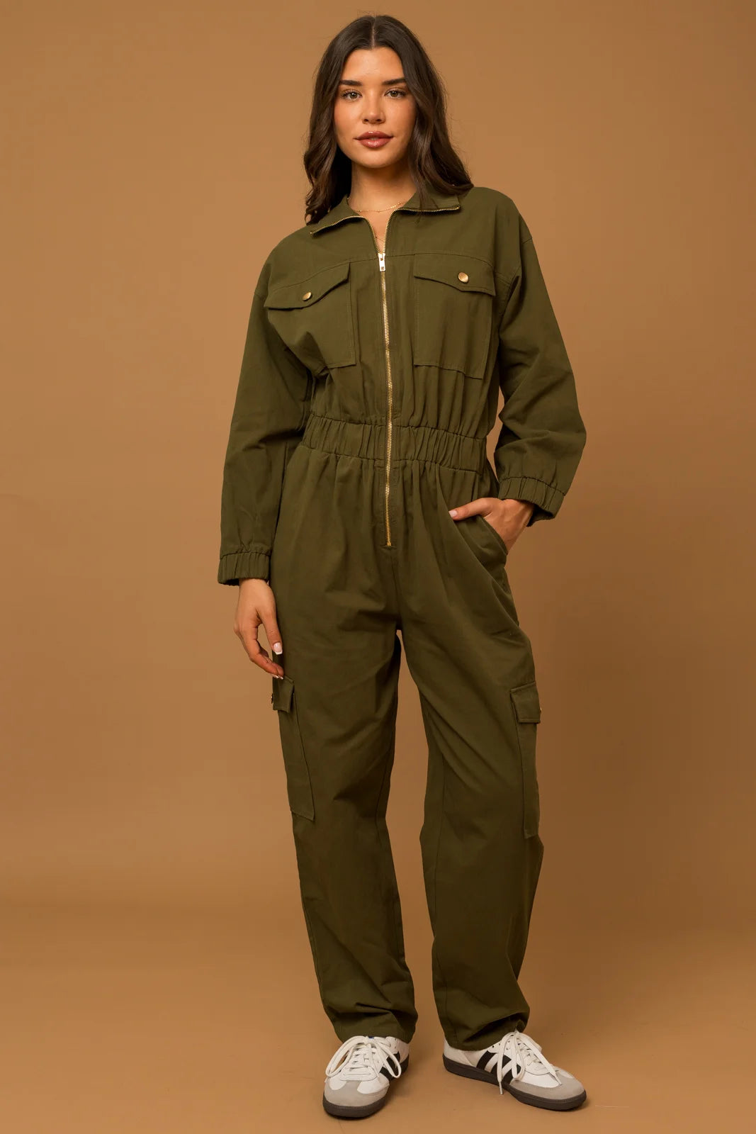 Cotton Front Zipper Elastic Waist Cargo Jumpsuit Tied waist jumpsuit, Casual look, Feminine, Comfortable Cotton Front Zipper Elastic Waist Cargo Jumpsuit Tied waist jumpsuit, Casual look, Feminine, Comfortable