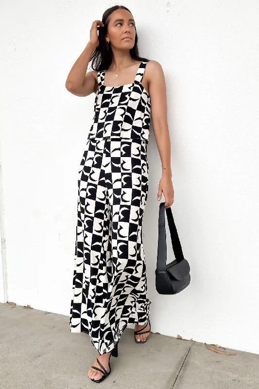 Nyla Jumpsuit Beige Black Geo Silk wide leg jumpsuit, Elegant, Chic, Comfortable
