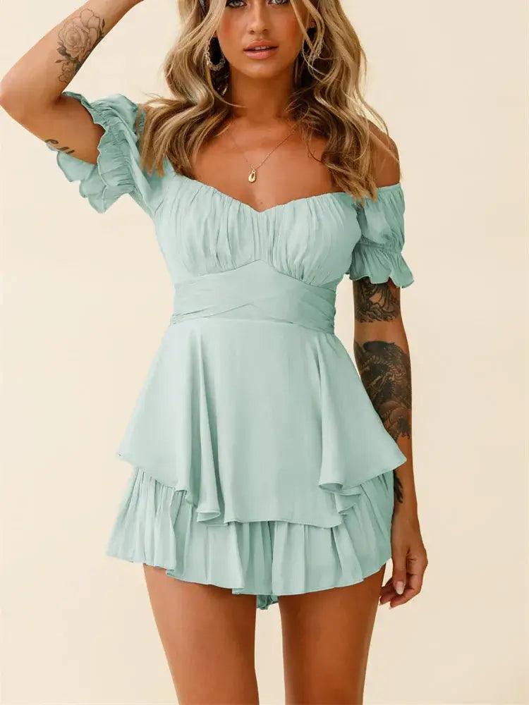 Off The Shoulder Ruffled Short Sleeve Jumpsuit Sports jumpsuit, Athletic, Comfortable, Trendy Off The Shoulder Ruffled Short Sleeve Jumpsuit Sports jumpsuit, Athletic, Comfortable, Trendy