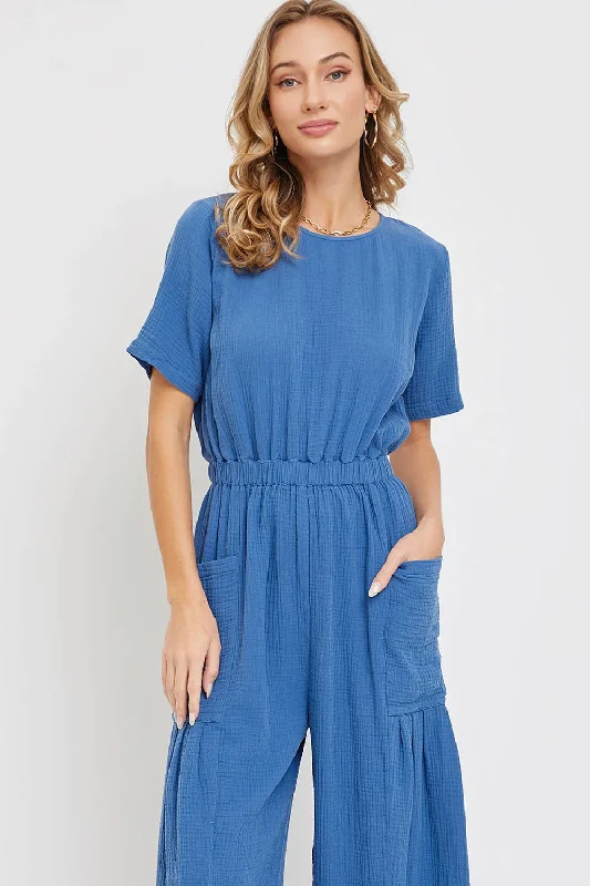 Blue Gauze Wide Leg Jumpsuit Casual chic jumpsuit, Street style, Comfortable, Trendy Blue Gauze Wide Leg Jumpsuit Casual chic jumpsuit, Street style, Comfortable, Trendy