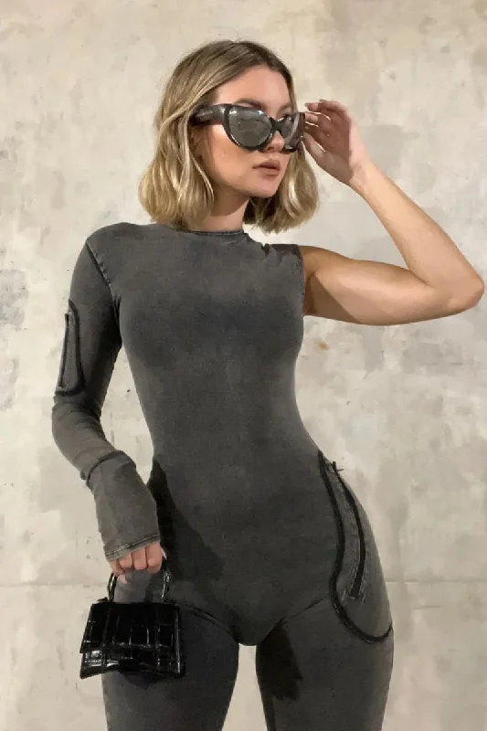 One Shoulder Grey Denim Jumpsuit Wide leg jumpsuit, Bohemian style, Vintage, Comfortable One Shoulder Grey Denim Jumpsuit Wide leg jumpsuit, Bohemian style, Vintage, Comfortable