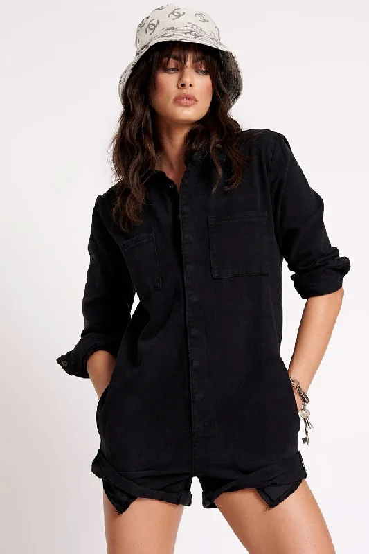 ONE TEASPOON Womens Onyx Black Prophecy Jumpsuit Button-up jumpsuit, Relaxed, Casual, Street style ONE TEASPOON Womens Onyx Black Prophecy Jumpsuit Button-up jumpsuit, Relaxed, Casual, Street style