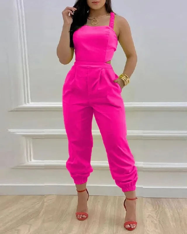 Solid Color/Printed Cross Lace Up Open Back Cropped Jumpsuit (6 Styles) One-piece jumpsuit, Simple design, Comfortable, Fashionable Solid Color/Printed Cross Lace Up Open Back Cropped Jumpsuit (6 Styles) One-piece jumpsuit, Simple design, Comfortable, Fashionable