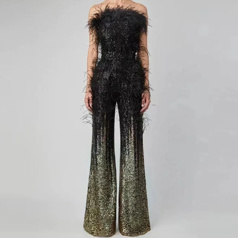 Opulent Wispy Feather Trim Strapless High Waist Wide Leg Ombre Sequin Jumpsuit Structured jumpsuit, Tailored, Elegant, Professional Opulent Wispy Feather Trim Strapless High Waist Wide Leg Ombre Sequin Jumpsuit Structured jumpsuit, Tailored, Elegant, Professional