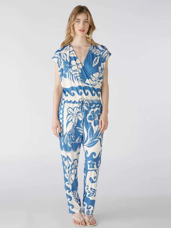 Oui Jumpsuit Blue & White Satin jumpsuit, Luxurious fabric, Glamorous, Evening wear